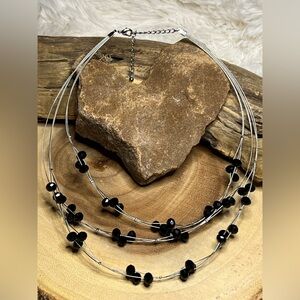 Silver 3 strand/black acrylic bead necklace